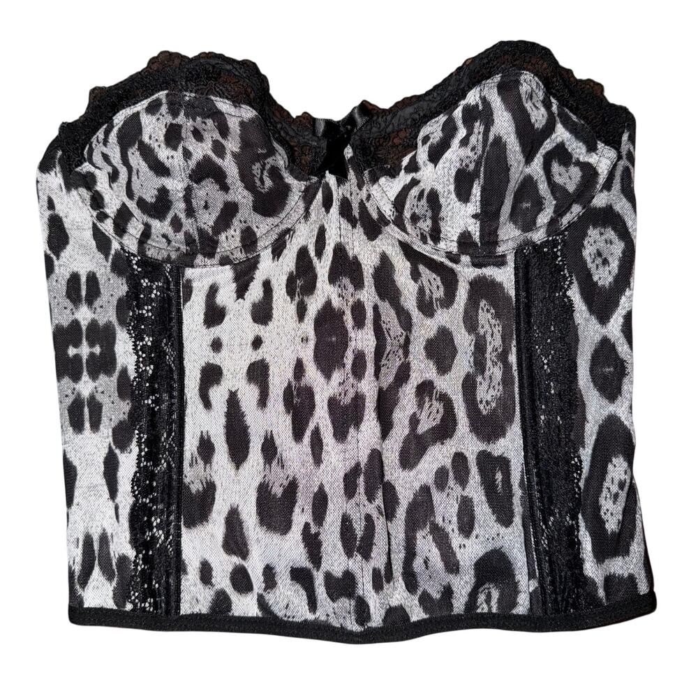 Vintage Y2K Leopard Print Lace Corset Bustier Top Gray Black